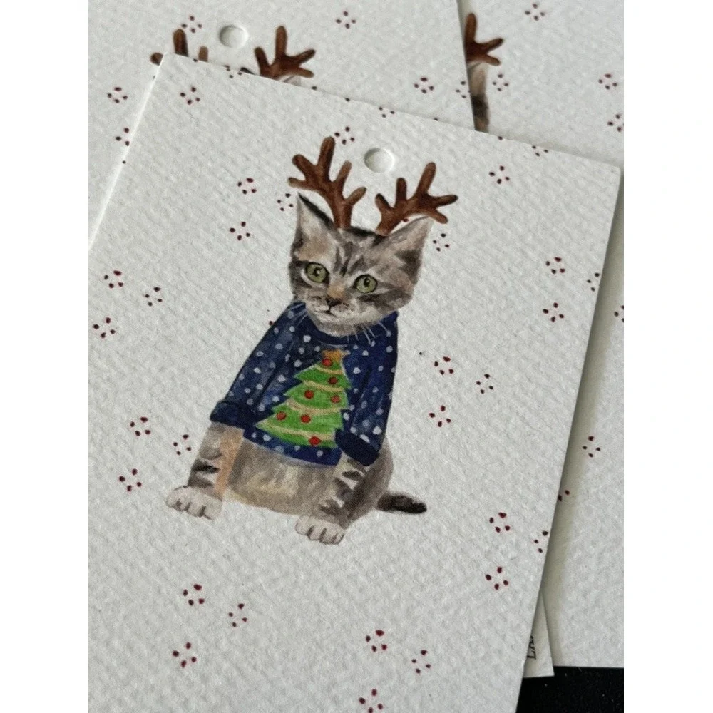 Hand Illustrated Cat Gift Tags Christmas Festive Holiday Colorful Modern Party